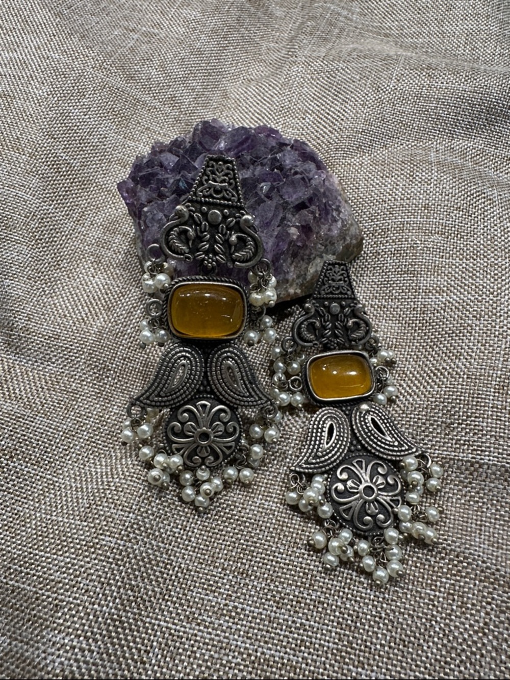 Bohemian Amber Glass & Pearl Silver-Tone Dangle Earrings